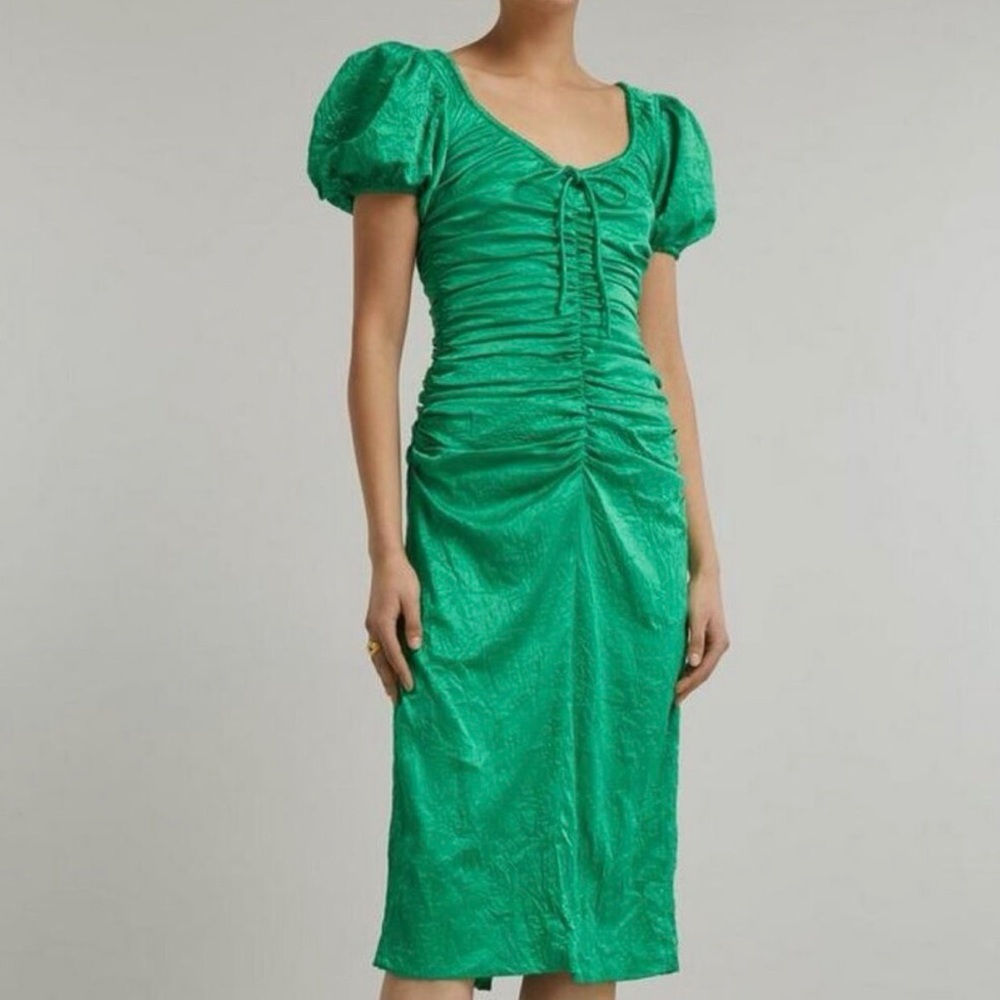 Ganni Emerald Green Ruched Puff-Sleeve Midi Dress